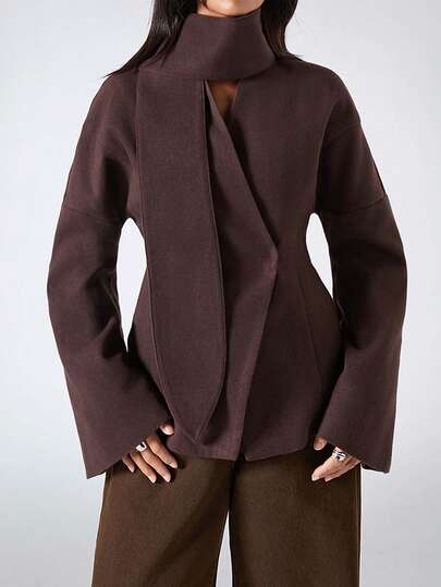 LYSMO Damen Herbst/Winter einfarbiger Mantel mit hohem Kragen, Dropped Shoulder und weiter Passform