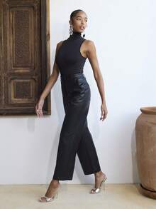 Dancing Leopard 黛娜黑色PU长裤，女士长裤，女士阔腿裤，女士夏季服装，女士职业装，女士休闲装，度假装，活动裤，女士办公室服装，女士度假装 - 黑色 - 查看 3