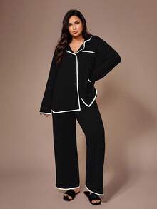 Lazeform 大码柔软针织花卉网纱撞色包边法式休闲上衣，带纽扣，上衣和裤子套装，家居服/睡衣套装，秋冬服装 - 黑色 - 查看 4