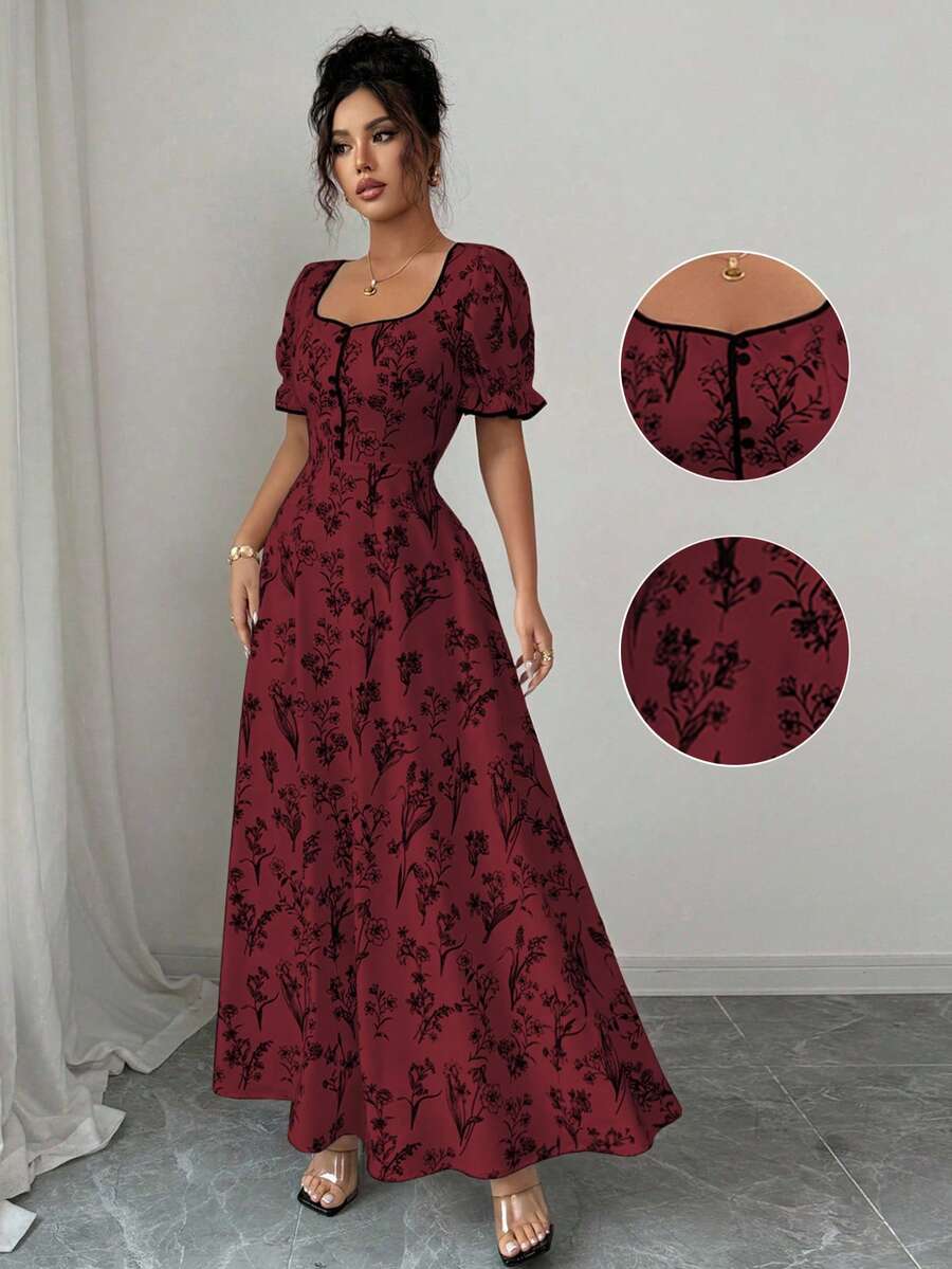 Elenzga Váy maxi chữ A cổ vuông in hoa thanh lịch cổ điển dành cho nữ, phù hợp mặc thường ngày, đi nghỉ, tụ tập hàng ngày, mùa xuân/hè - Nhiều màu - Xem 1