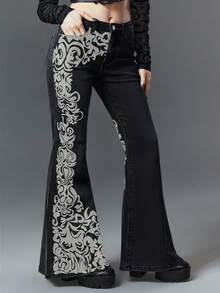 ROMWE Goth 哥特式复古花卉印花修身性感弹力大码喇叭牛仔裤 - 黑色 - 查看 1