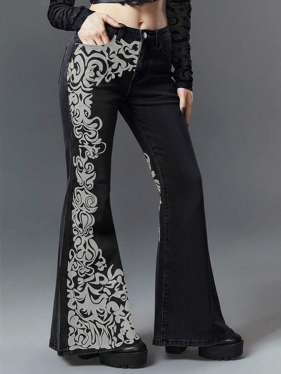ROMWE Goth 哥特式复古花卉印花修身性感弹力大码喇叭牛仔裤 - 黑色 - 查看 1