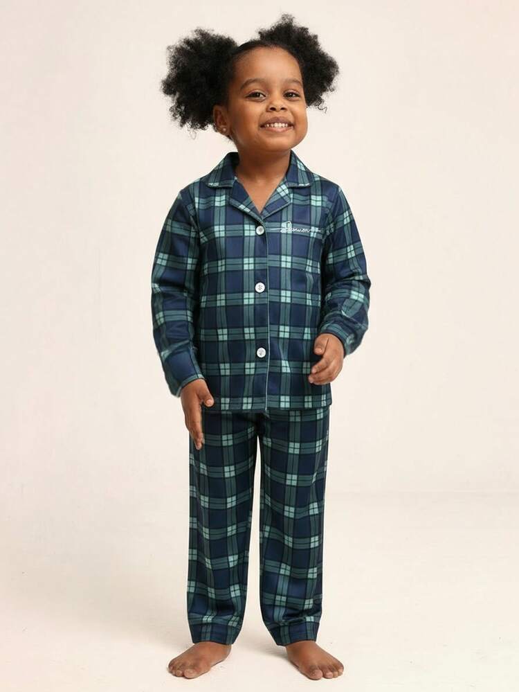 Plaid Button Front Pajama Set With Long Sleeves