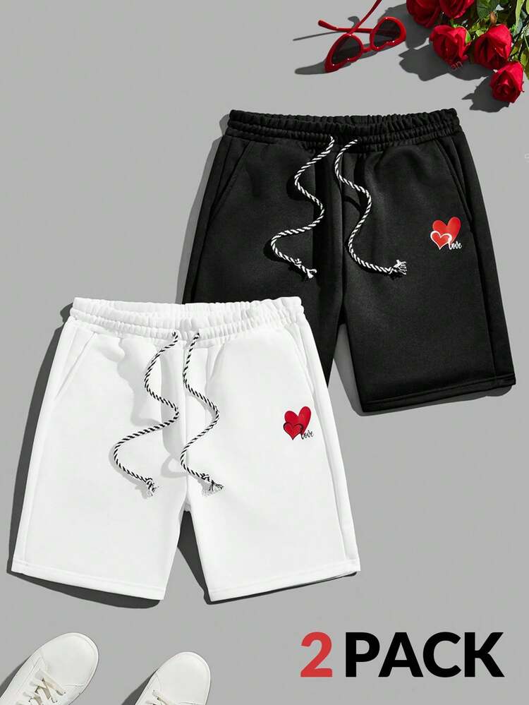 2pcs Men's Knitted Shorts With Letter & Heart Print
