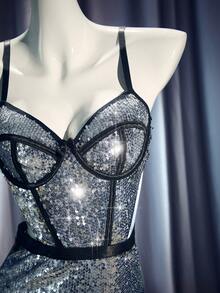 SHEIN 女士亮片拼接性感紧身衣 - 彩色 - 查看 7