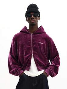 SUMWON Crop Fit Men Velour Full Zip Hoodie With Embroidered Logo Casual Streetwear Sweatshirt Winter Autumn Outerwear Plain - Purple - View 2