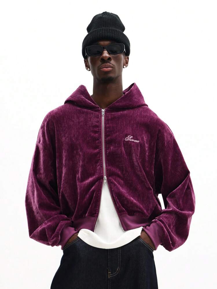 Velours-Kapuzenpullover mit durchgehendem Reißverschluss und gesticktem Logo
