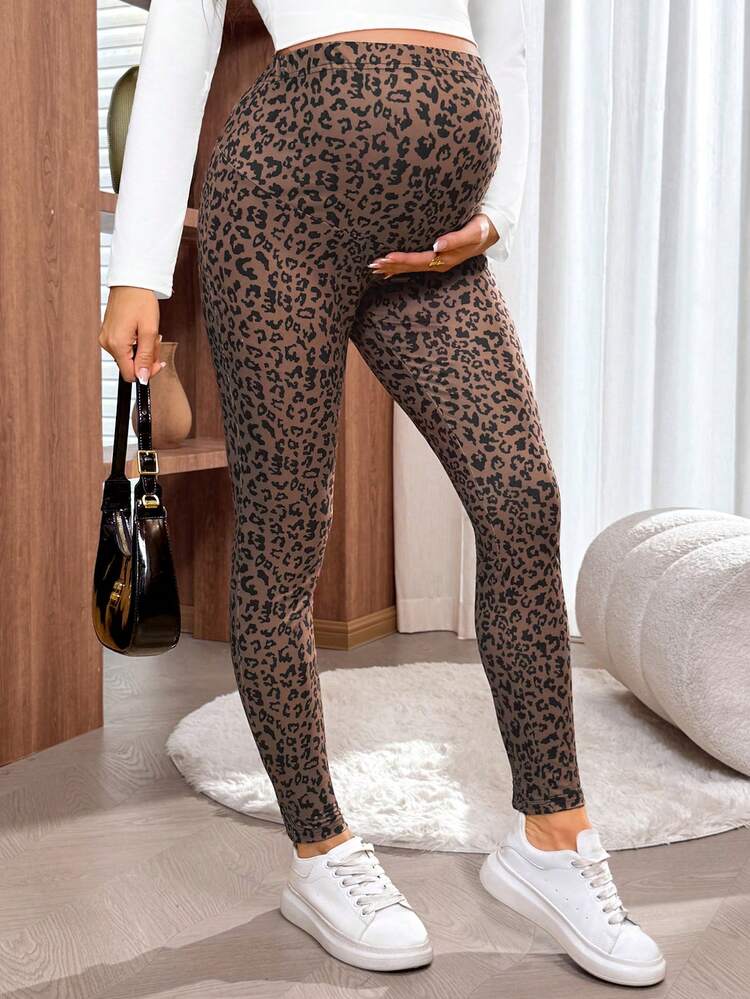 SHEIN 孕妇休闲豹纹高腰打底裤 - 棕色 - 查看 5