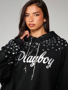 Missguided x Playboy Oversized Hooded Mini Dress With Encrusted Detailing Bunny Logo Print Drawstring Hood - Black - View 4