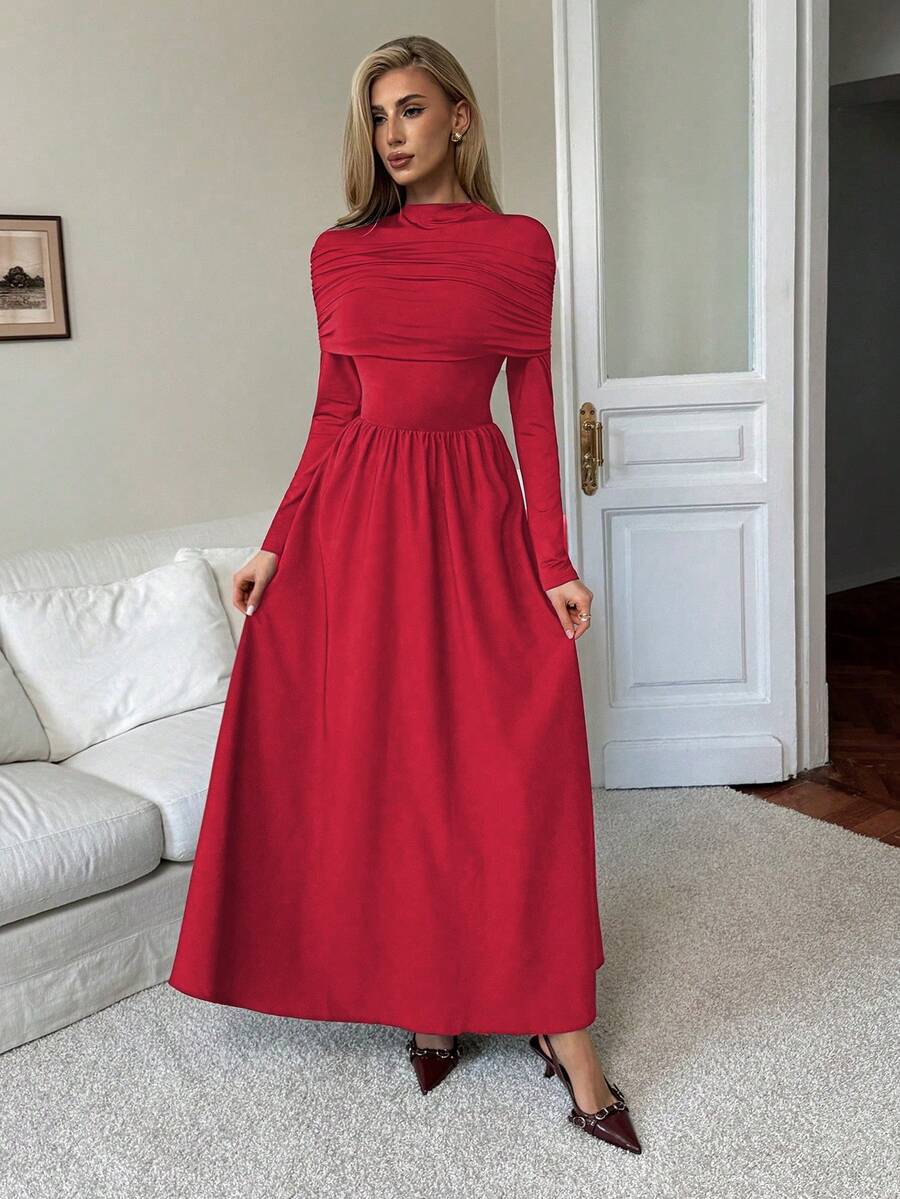 Elenzga 优雅浪漫修身A字露肩高领长袖连衣裙（女款） - 紅色 - 查看 1