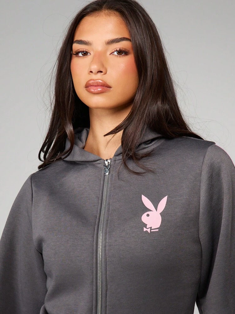 Missguided x Playboy Hooded Zip Up Romper With Logo For Casual Loungewear And Weekend Comfort