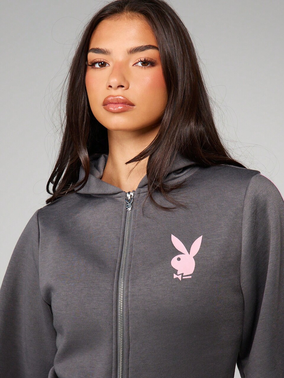 Missguided x Playboy Hooded Zip Up Romper With Logo For Casual Loungewear And Weekend Comfort