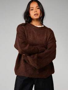 MISSGUIDED Áo len dệt kim dáng rộng có đường may hở, tay dài, có gân, thích hợp mặc nhiều lớp vào mùa thu đông - Cà phê nâu - Xem 1