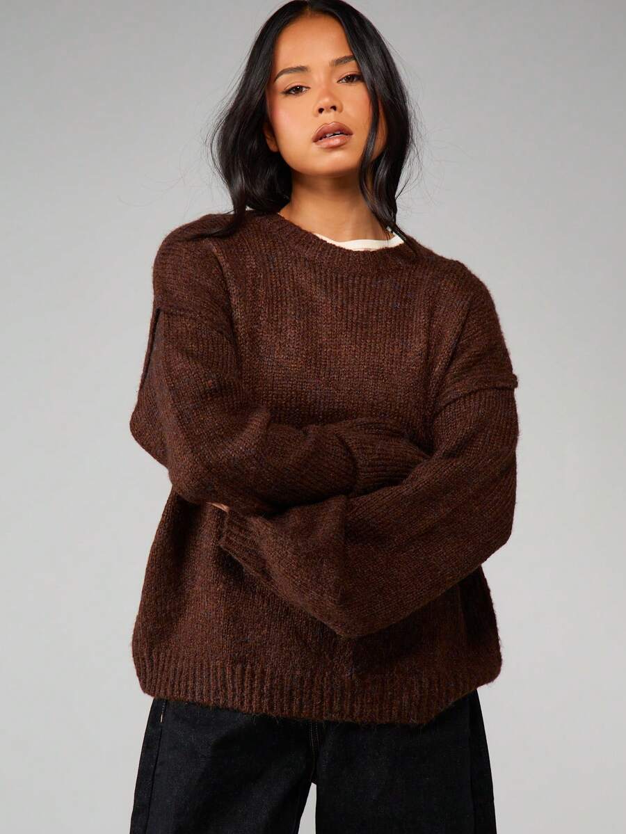 MISSGUIDED Áo len dệt kim dáng rộng có đường may hở, tay dài, có gân, thích hợp mặc nhiều lớp vào mùa thu đông - Cà phê nâu - Xem 1