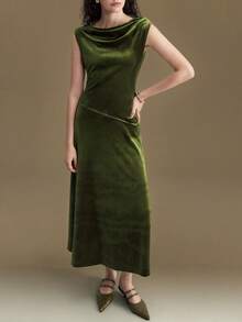 Ontre Women's Olive Green Velvet Fabric Comfortable Soft Off Shoulder Ruched Ruched Design Waist Slanted Split Flared Hem Patchwork All-Season Versatile Modern Urban Casual Business Office Dress, Low-Key Elegant High-Quality Airport Outfit, High-End Cruise Wear, Christmas New Year Party Dress New Year Look High-End, Elegant, Old-Fashioned Cruise Attire For Wedding Guests Christmas Evening Clothes New Year Atmosphere Holiday Party Women's Clothing Waist Detail Flared Dress
