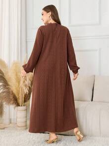 Lacomfia Plus Size Elegant Long Knit Dress With Lace Hollow-Out Shoulder And Lantern Sleeves, Deep Brown - Coffee Brown - View 2