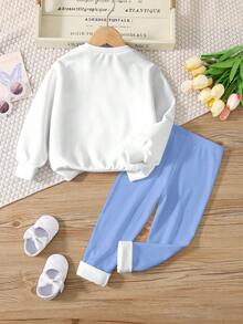 两件套女童休闲可爱经典兔子、爱心图案、娃娃印花圆领长袖卫衣和打底裤，适合秋冬季穿着 - 彩色 - 查看 3