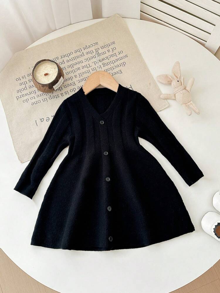 SHEIN Baby Girl Solid Color Striped Cardigan Dress - Black - View 3