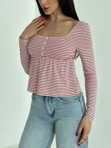 Aloruh Camisa casual de mujer de manga larga con botones frontales y rayas retro - Rojo - Ver 3