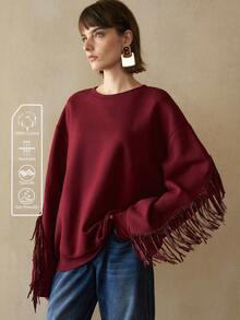 Arave Women's Cotton Loose Round Neck Fringe Design Everyday Casual Long Sleeve Sweatshirt    Winter Clothes For Women Tassel Sweatshirt Red Sweatshirt - Red - View 7