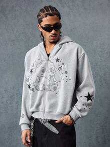 ROMWE MEN Anime Áo hoodie tai thỏ nam, họa tiết tối giản, áo nỉ dài tay - Xám - Xem 4