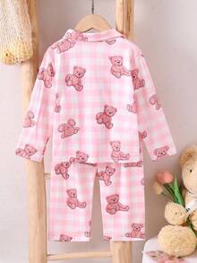 Genkimix Kids 2件套年轻女孩休闲可爱熊印花长袖开衫和裤子家居服套装