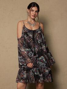 Freevana Vestido de hombros descubiertos con estampado de paisley de talla grande, otoño - Negro - Ver 5