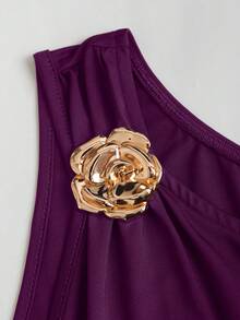 Sweetra Gaun Mini Wanita Model Polos dengan Leher Asimetris untuk Musim Panas - Purple - View 4