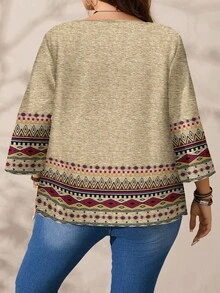 EMERY ROSE 女式圆领几何图案七分袖衬衫，适合秋冬季