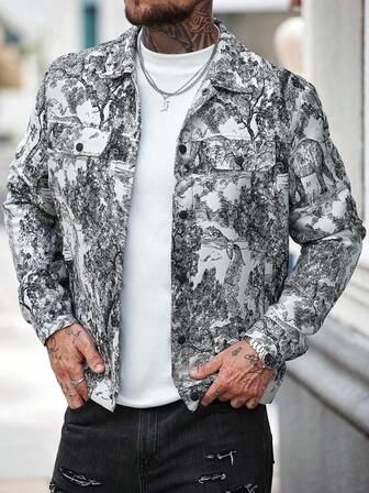 Manfinity Homme Plus Size Men's Casual Retro Jacquard Jacket Graphic Print Jacket Men Men Graphic Jacket Men Summer Jacket Abstract Printed Long Sleeve Shirt Printed Jacket Men