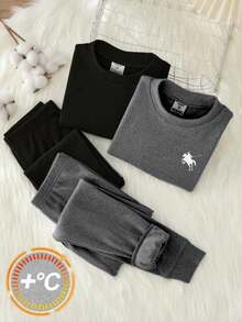 SHEIN Teen Boys' Black & Grey Minimalist Fitted Base Layer, Comfortable & Warm, Casual Collegiate Style, Versatile & Practical, Soft Fabric, Suitable For Daily Wear, School, Outings, Outdoor Activities, Autumn/Winter - Multicolor - View 1