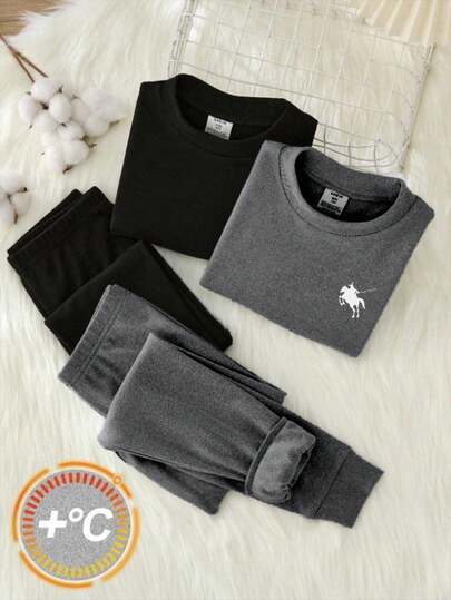 SHEIN Teen Boys' Black & Grey Minimalist Fitted Base Layer, Comfortable & Warm, Casual Collegiate Style, Versatile & Practical, Soft Fabric, Suitable For Daily Wear, School, Outings, Outdoor Activities, Autumn/Winter