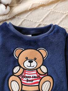 SHEIN Playful Pals Cute Round Neck Plush Baby Boy Outfit - Navy Blue - View 7