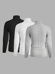 Manfinity VCAY 3pcs Men's Casual Knit Turtleneck T-Shirts, Daily Wear - Multicolor - View 2