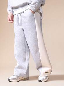 SUMWON Wide Leg Heathered Sweatpants With Ribbed Cuffs And Drawstring Waist For Comfortable Wear Vacation - Grey - View 1