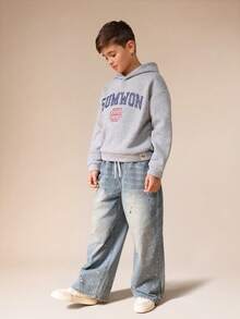 SUMWON Paint Splatter Pull-On Wide Leg Jeans For Casual Streetwear Style Vacation - Blue - View 3