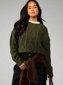 MISSGUIDED 橄榄绿麻花针织套头毛衣，冬季舒适，质感十足，长袖套头衫，秋季时尚单品 - 墨綠色 - 查看 1