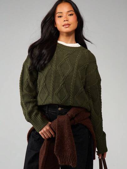 MISSGUIDED 橄榄绿麻花针织套头毛衣，冬季舒适，质感十足，长袖套头衫，秋季时尚单品