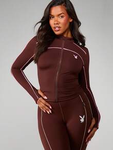 Missguided x Playboy Fitted Zip Front Jacket With Contrast Piping Detail Long Sleeve Lightweight Outerwear - Coffee Brown - View 1