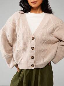MISSGUIDED Áo khoác cardigan dệt kim cài nút phía trước, tay dài, cổ chữ V, thích hợp mặc nhiều lớp vào mùa thu đông - Màu be - Xem 4