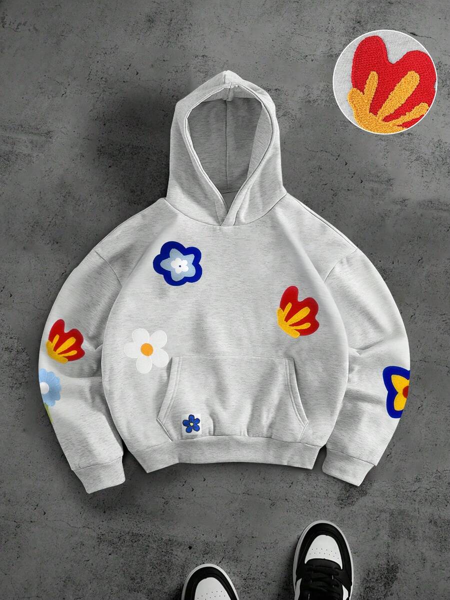 PAVTROS Men's Casual Floral Embroidered Hoodie Sweatshirt, Autumn/Winter Flower Hoodie Graphic Hoodies Street Wear Y2k Hoodie Men Puff Print Hoodie, Long Sleeve Top