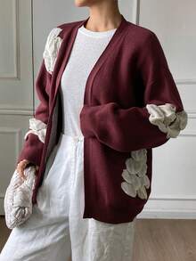 DAZY Women's Elegant Contrast Color Floral Cardigan, Autumn - Burgundy - View 7