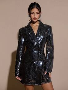 SHEIN BAE 女式翻领长袖束腰优雅时尚西装外套 - 黑色 - 查看 1