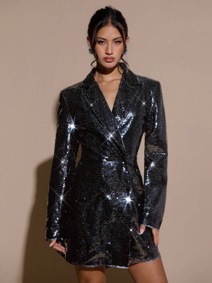 SHEIN BAE 女式翻领长袖束腰优雅时尚西装外套 - 黑色 - 查看 1