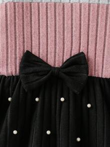 Young Girls' Colorblock Crew Neck Long Sleeve Rhinestone Bow Decor Casual Dress, Suitable For Everyday Wear, Spring/Autumn - Multicolor - View 7