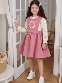 SHEIN Vintaside Kids 2pcs/Set Young Girl Casual Floral Decor Top And Dress Set, Autumn - Pink - View 3