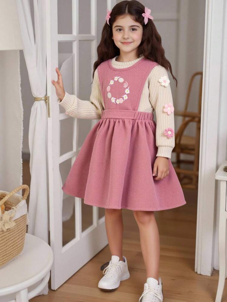 SHEIN Vintaside Kids 2pcs/Set Young Girl Casual Floral Decor Top And Dress Set, Autumn - Pink - View 3