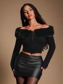 Radiana Modischer Damen Patchwork Cardigan mit Fellbesatz an den Schultern und Reißverschluss, Herbst