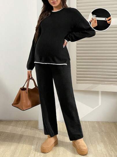 SHEIN Maternity Contrast Trim Long Sleeve Top And Solid Color Pants Sweater Set