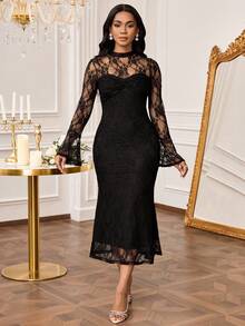 SHEIN Lady 女式优雅撞色蕾丝鱼尾下摆喇叭袖中长连衣裙，秋季 - 黑色 - 查看 3